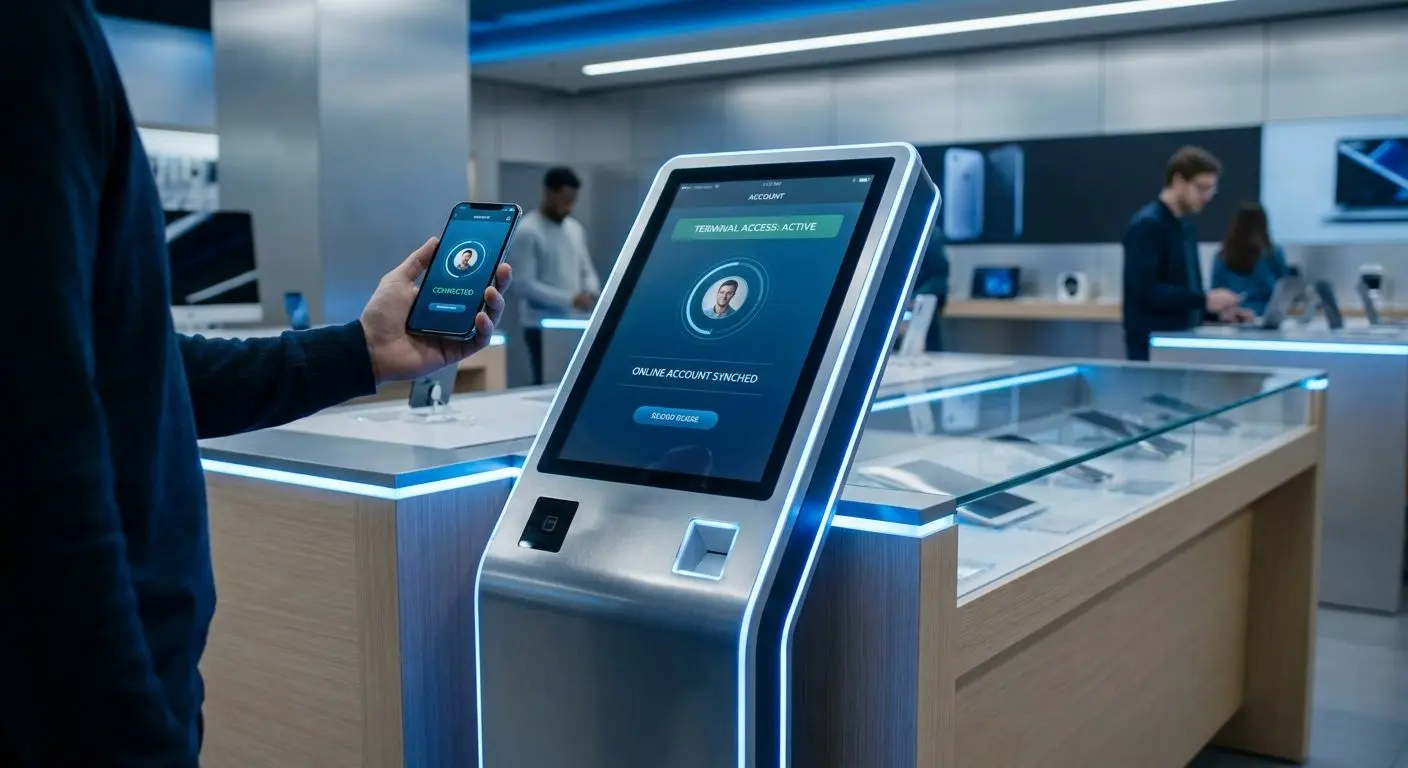 Mobil s účtem vedle terminálu znázorňující propojení online a terminálu