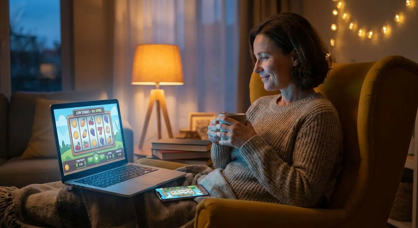 Hráč používá mobil a notebook při hraní s nízkými sázkami