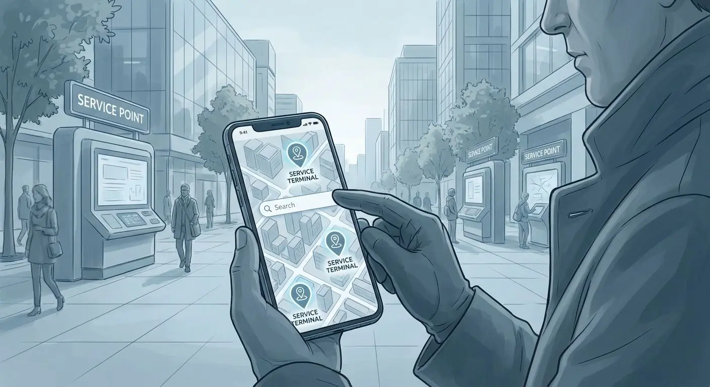 Uživatel hledá nejbližší BetX terminál na mapě města v mobilu