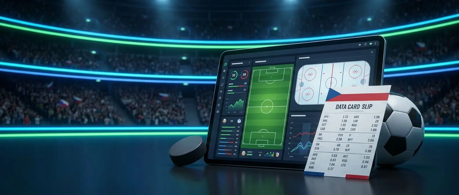 Sportovní motiv s fotbalem, hokejem a datovým přehledem na úvodním banneru